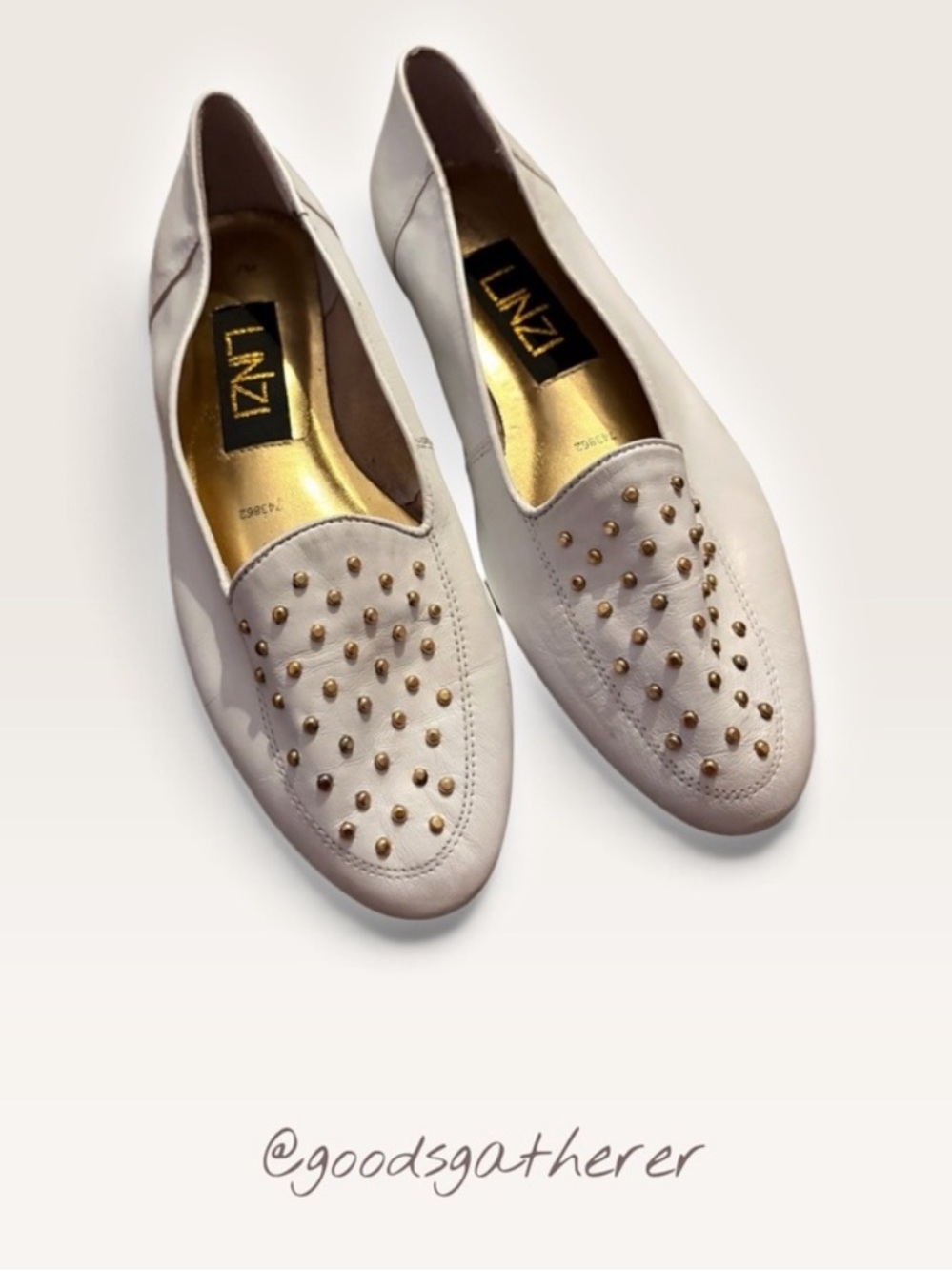 LNZI White Leather Gold Studded Loafers Flats